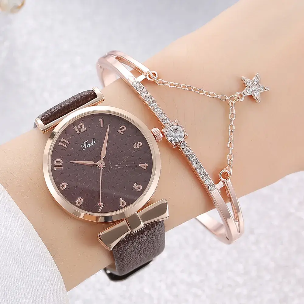 Pink Rose Gold Watch & Bracelet Set for Women