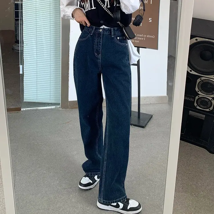 Dark Blue K-Style Loose Jeans Women High Waist
