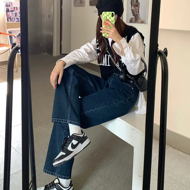Dark Blue K-Style Loose Jeans Women High Waist