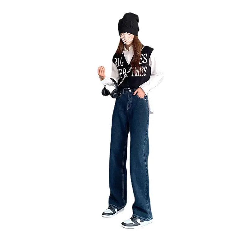 Dark Blue K-Style Loose Jeans Women High Waist
