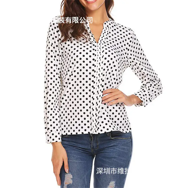 V-Neck Polka Dot Long Sleeve Women Shirt