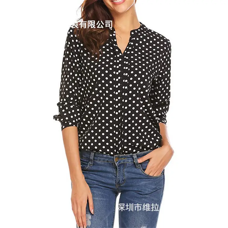 V-Neck Polka Dot Long Sleeve Women Shirt