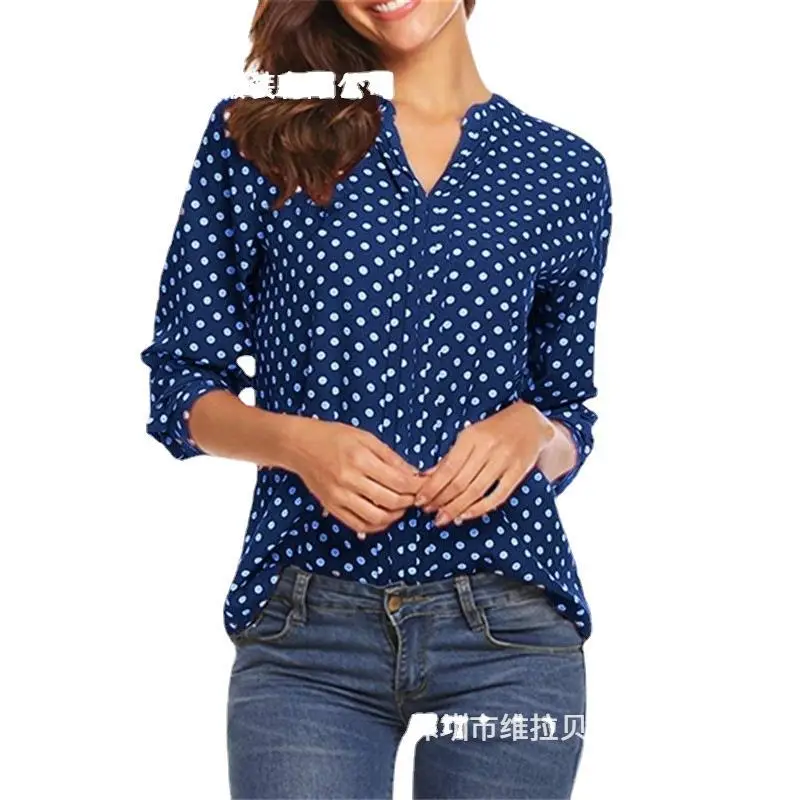 V-Neck Polka Dot Long Sleeve Women Shirt