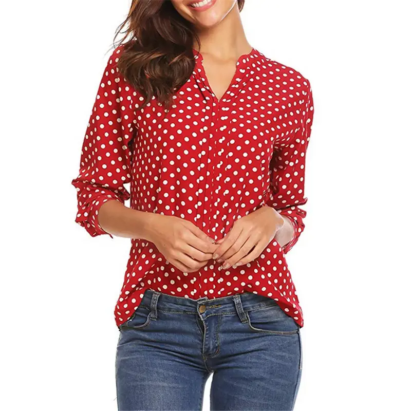 V-Neck Polka Dot Long Sleeve Women Shirt