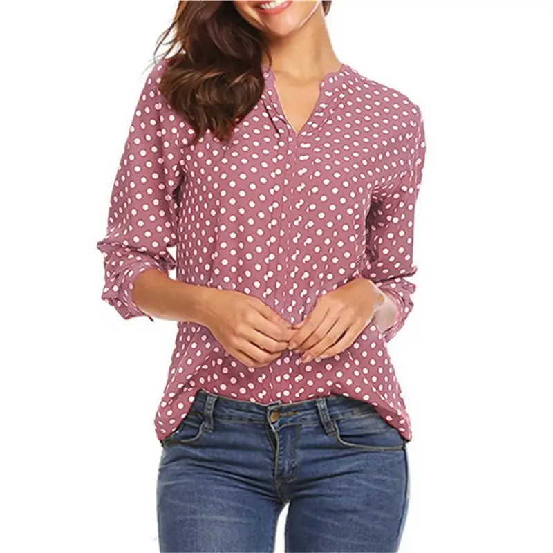 V-Neck Polka Dot Long Sleeve Women Shirt