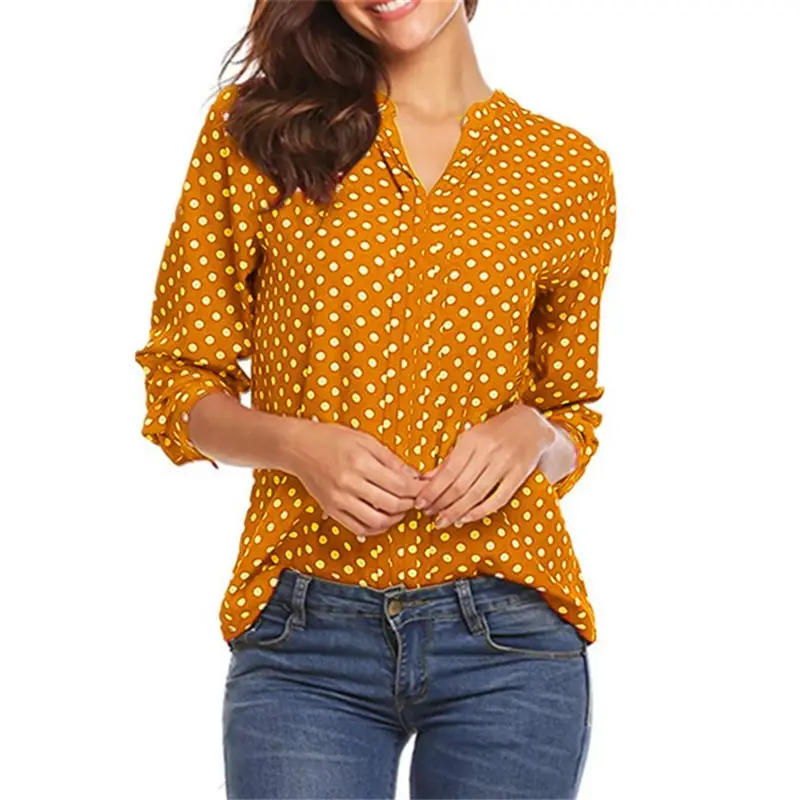 V-Neck Polka Dot Long Sleeve Women Shirt