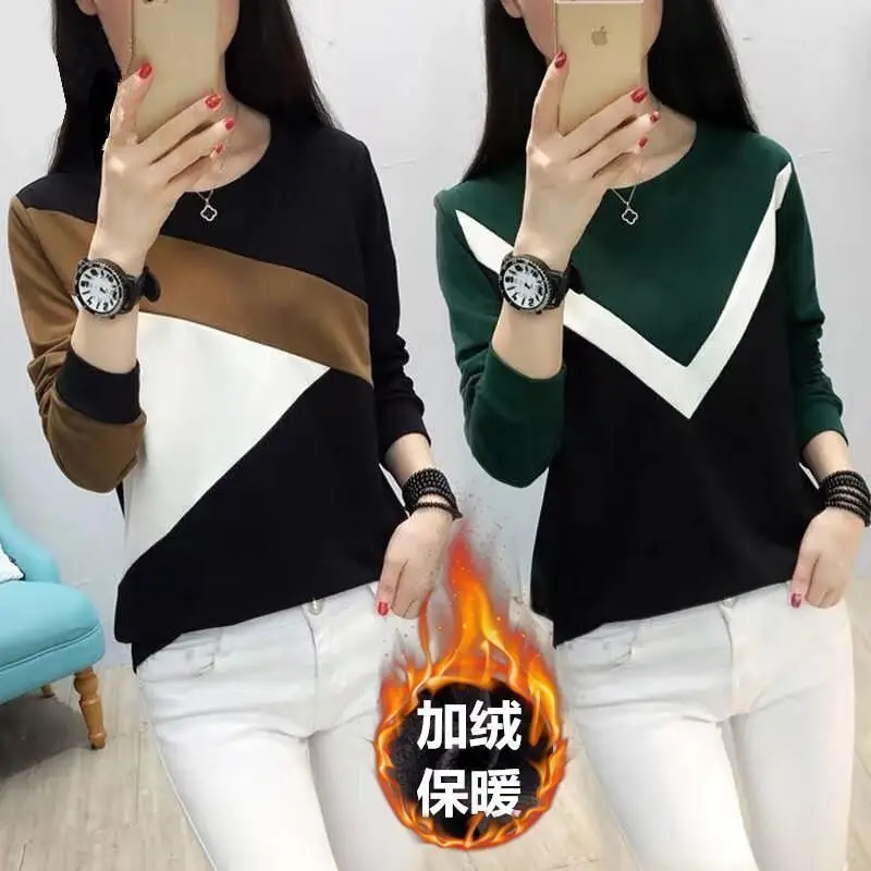 Fleece Long Sleeve T-Shirt Women Black Brown White 2021 Winter - Image 9