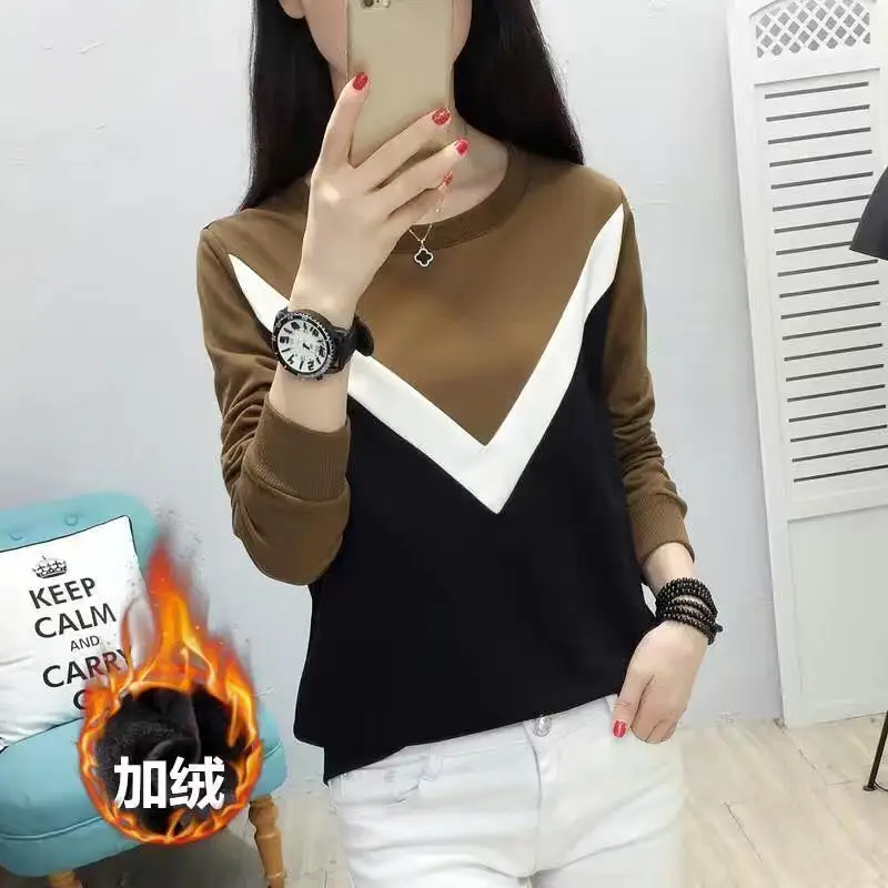 Fleece Long Sleeve T-Shirt Women Black Brown White 2021 Winter - Image 10