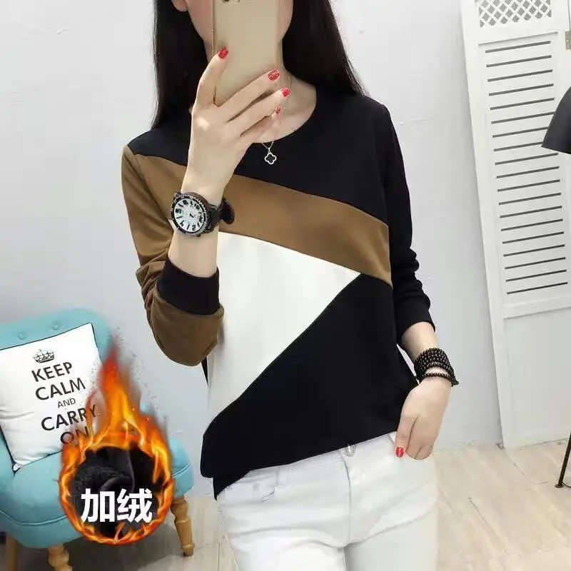 Fleece Long Sleeve T-Shirt Women Black Brown White 2021 Winter - Image 12