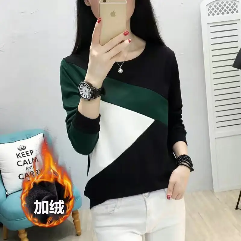 Fleece Long Sleeve T-Shirt Women Black Brown White 2021 Winter - Image 8
