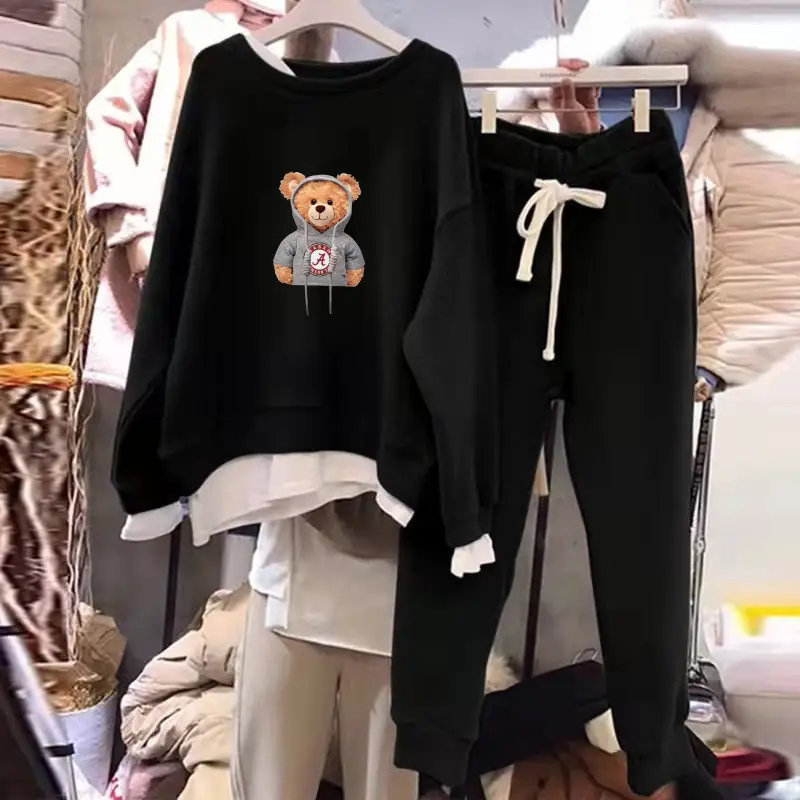 Women Fleece Two-Piece Set Black Bear Print Winter Casual - Image 2