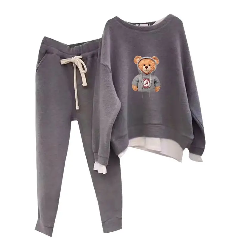 Women Fleece Two-Piece Set Black Bear Print Winter Casual - Image 5