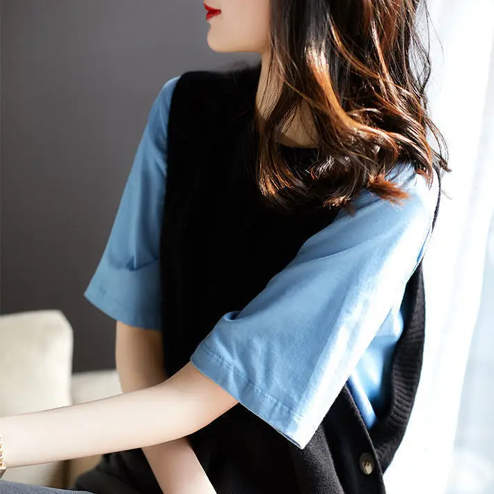 Women Korean Style Blue Vest Saree 2023 Spring Autumn - Image 6