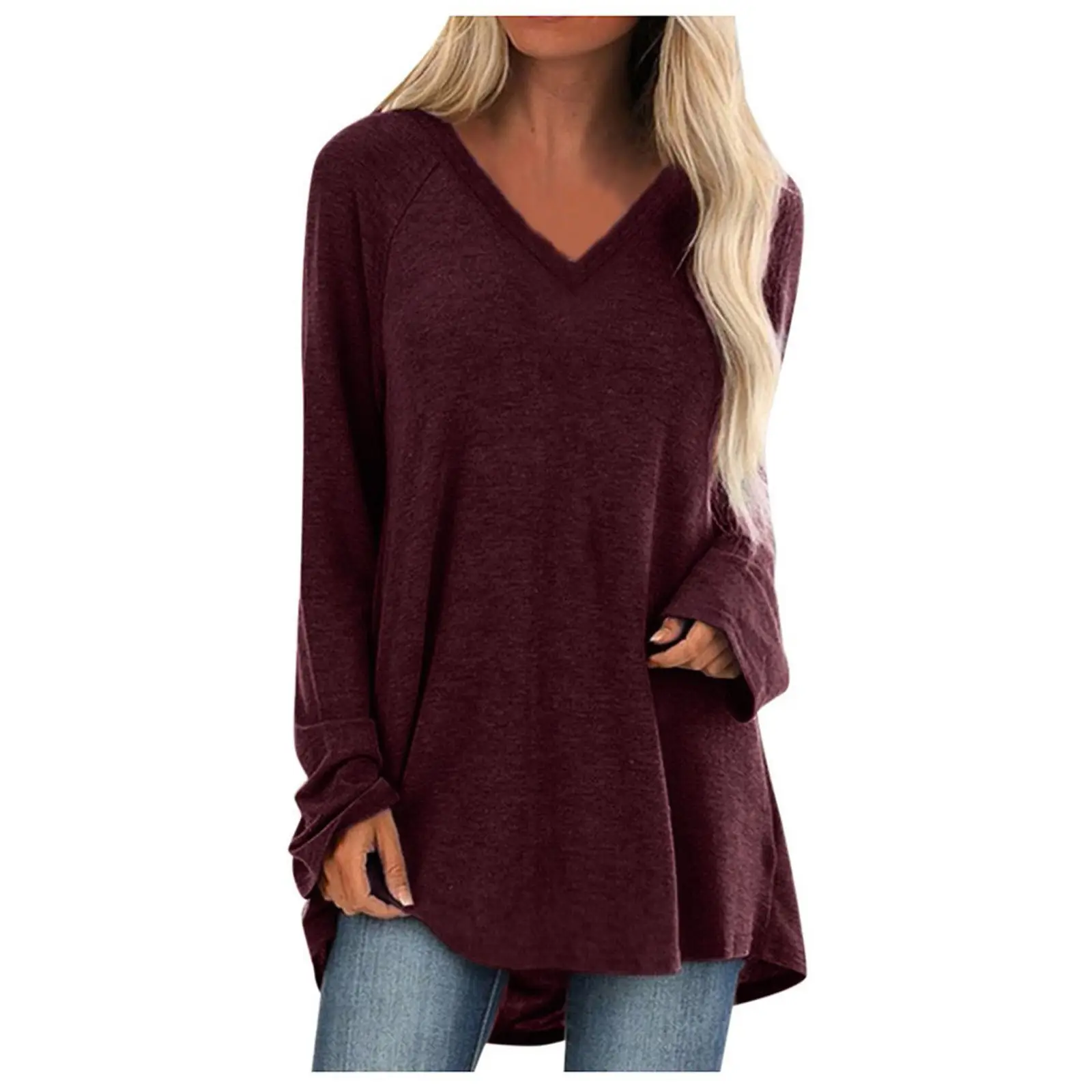 Women Maroon V-Neck Loose Midi T-Shirt Large - Image 6