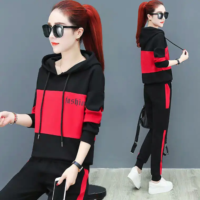 Women Running Hoodie Set Black Red Plus Size Casual Korean Style - Image 5