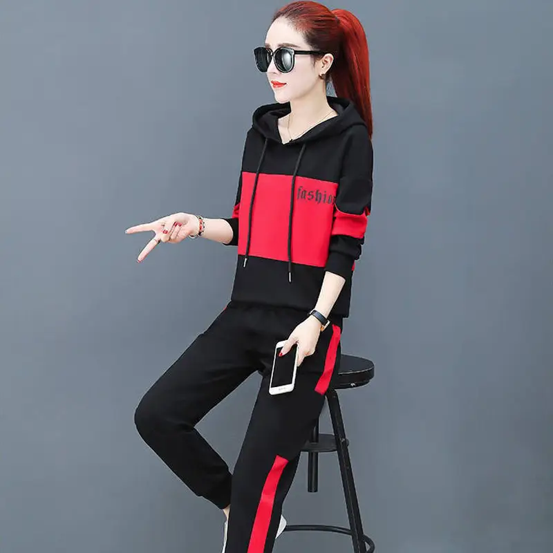 Women Running Hoodie Set Black Red Plus Size Casual Korean Style - Image 7