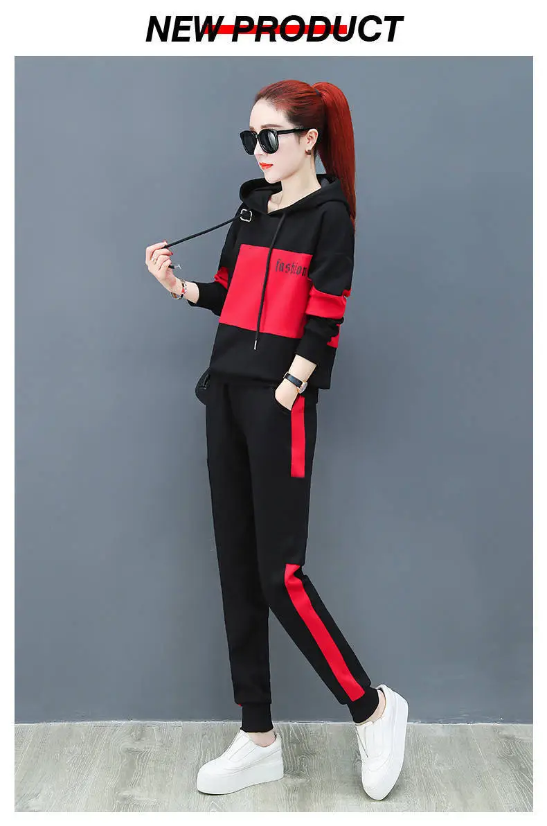 Women Running Hoodie Set Black Red Plus Size Casual Korean Style — feature 10