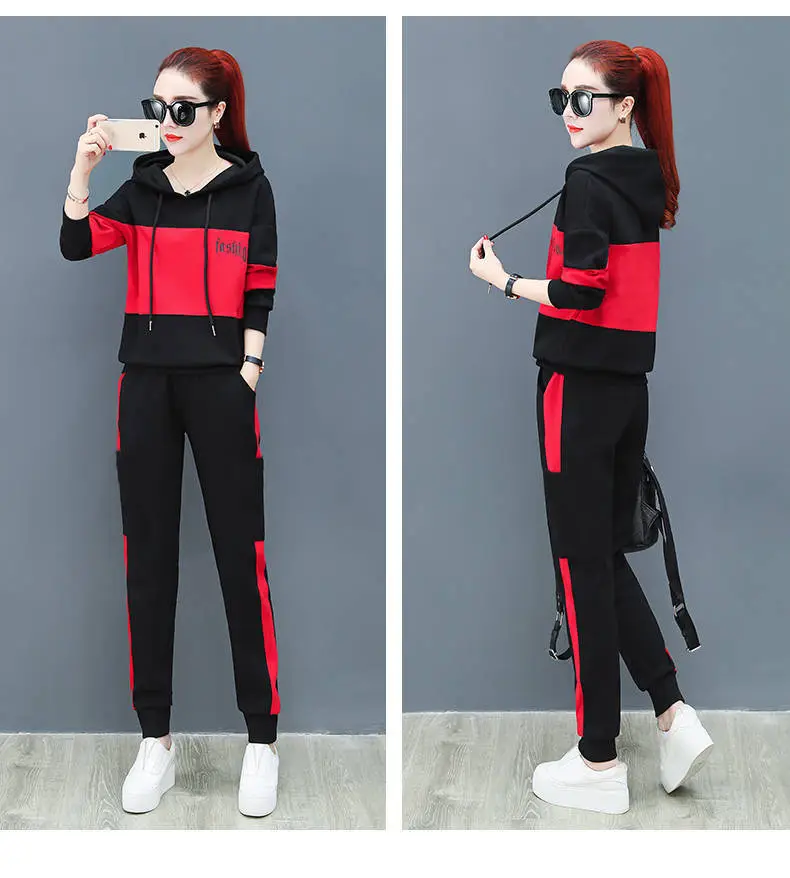 Women Running Hoodie Set Black Red Plus Size Casual Korean Style — feature 11