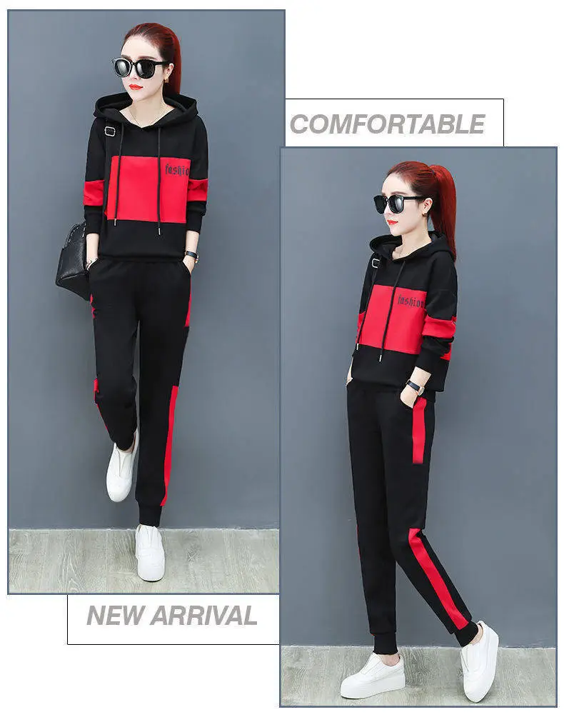 Women Running Hoodie Set Black Red Plus Size Casual Korean Style — feature 8