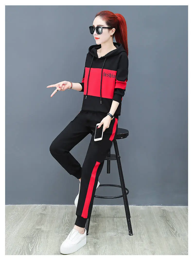 Women Running Hoodie Set Black Red Plus Size Casual Korean Style — feature 9