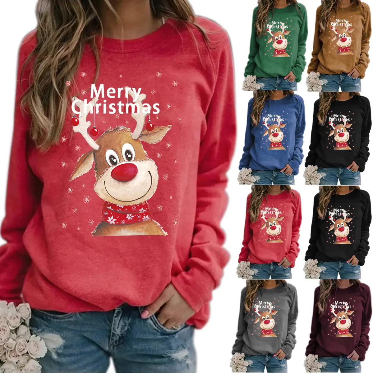 Women Christmas Wool Sweater Yellow Round Neck Long Sleeve - Image 12