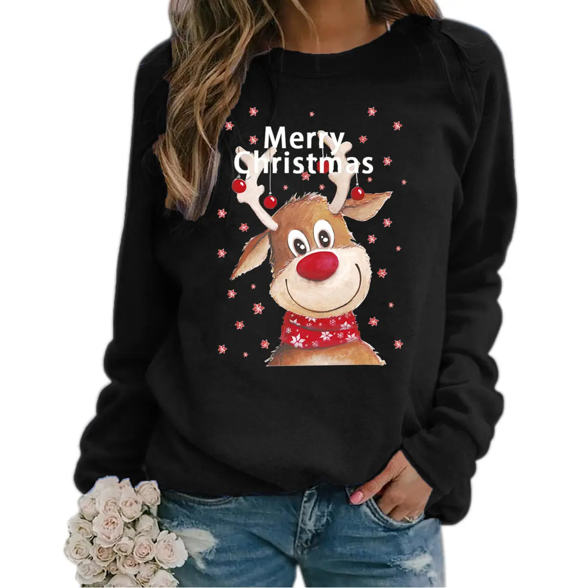 Women Christmas Wool Sweater Yellow Round Neck Long Sleeve - Image 9