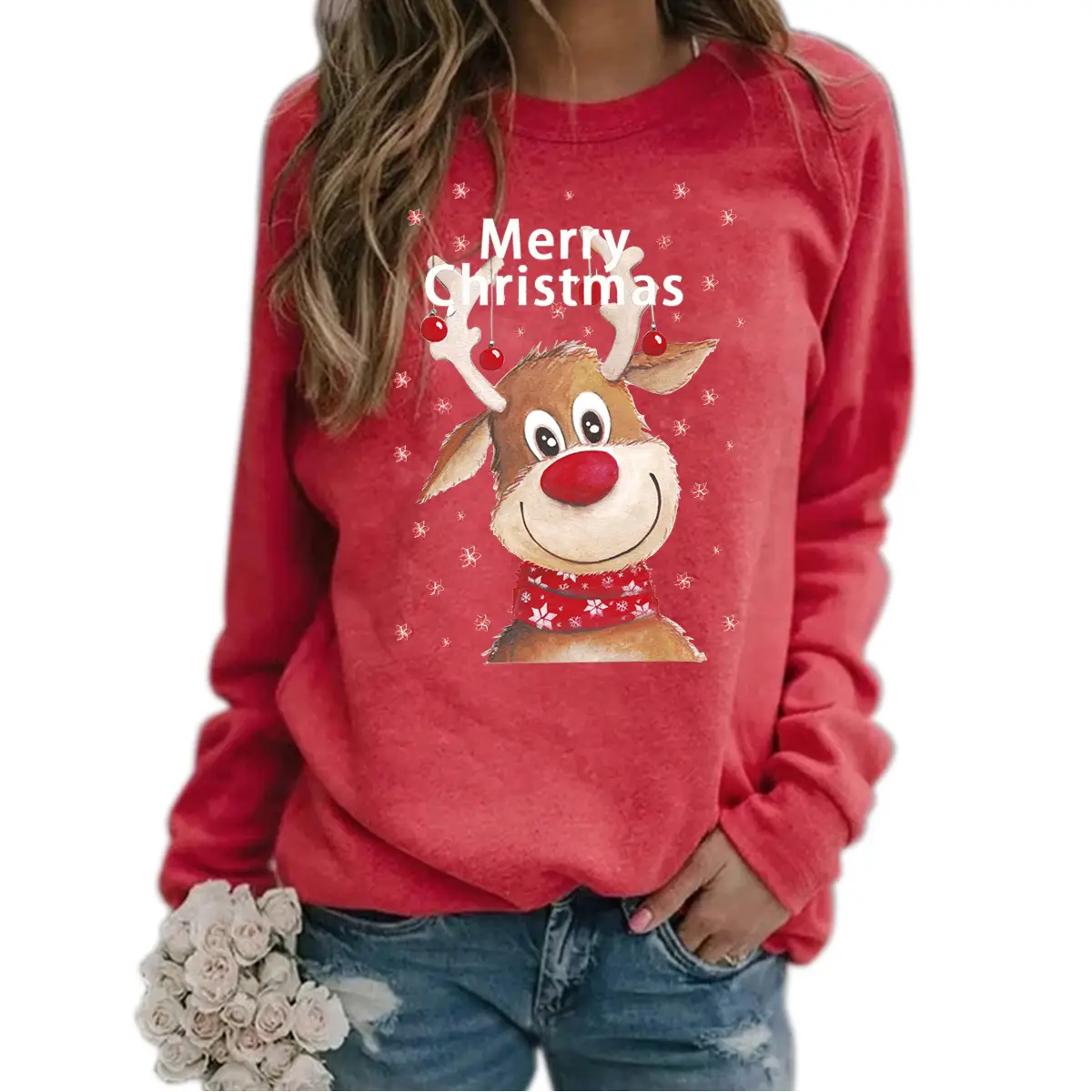Women Christmas Wool Sweater Yellow Round Neck Long Sleeve - Image 13