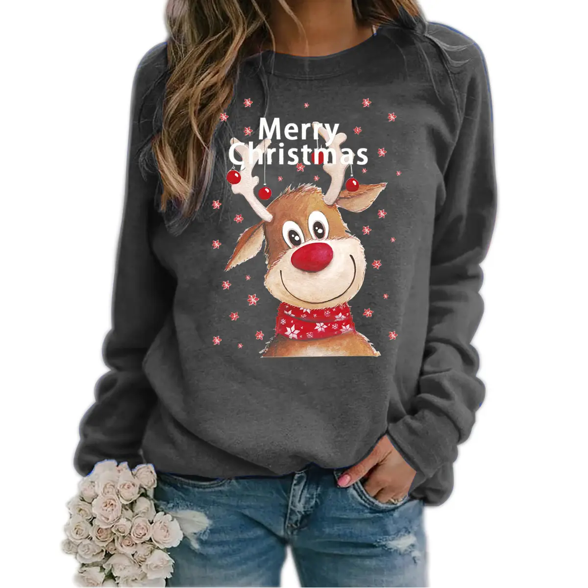Women Christmas Wool Sweater Yellow Round Neck Long Sleeve - Image 14