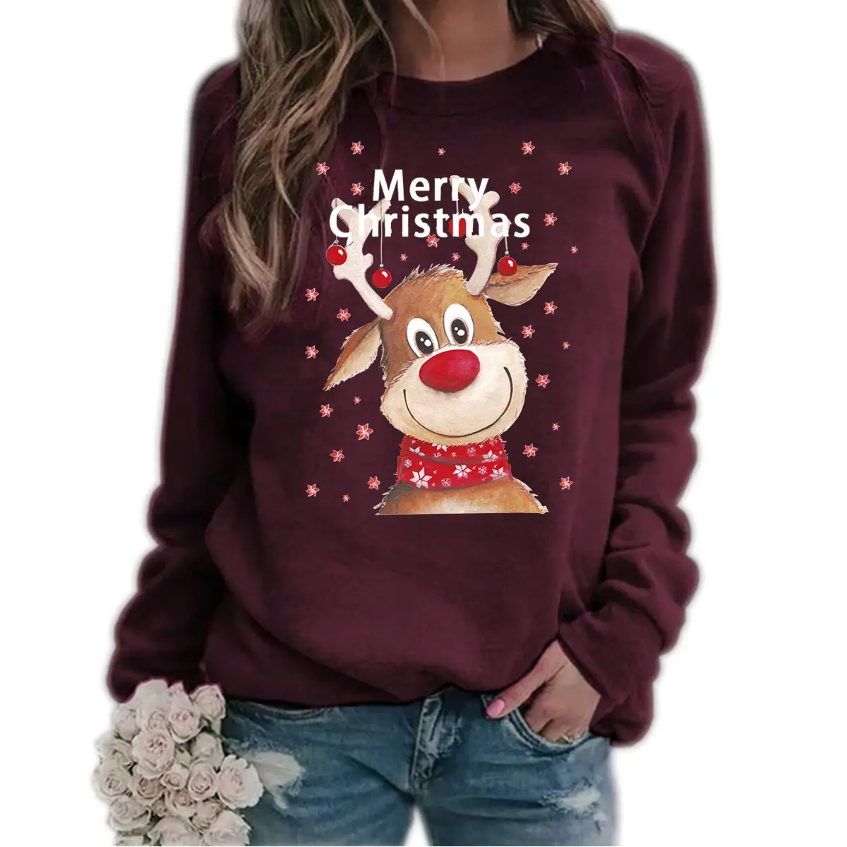 Women Christmas Wool Sweater Yellow Round Neck Long Sleeve - Image 15