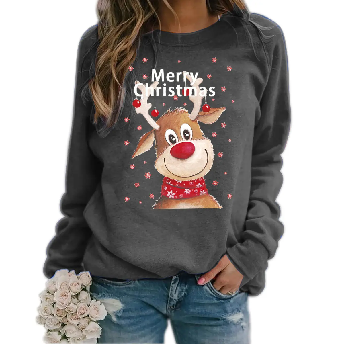 Women Christmas Wool Sweater Yellow Round Neck Long Sleeve — feature 5