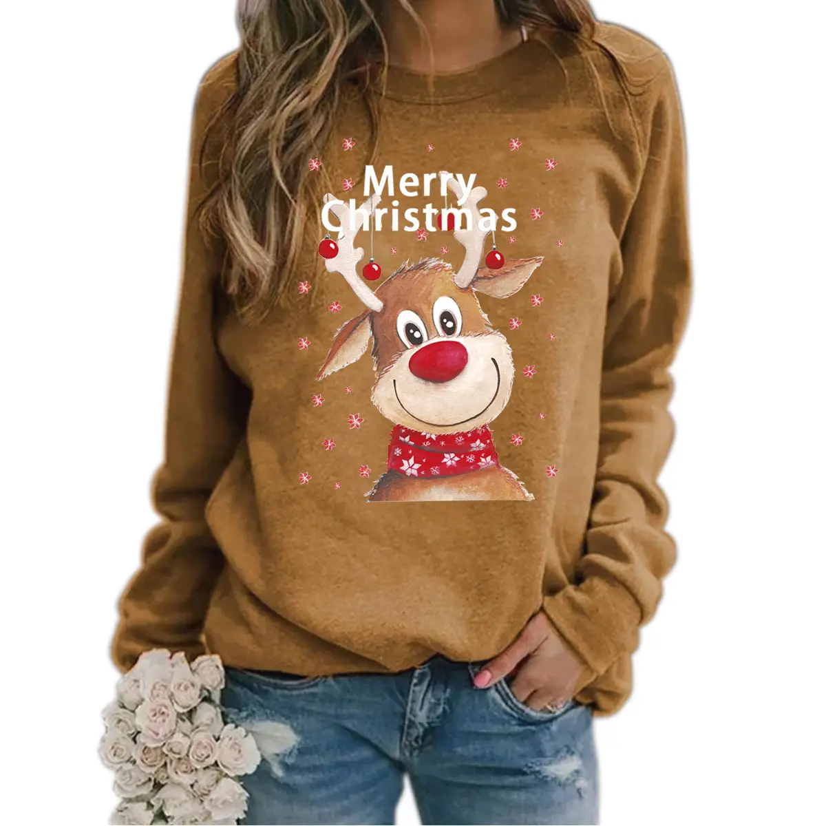 Women Christmas Wool Sweater Yellow Round Neck Long Sleeve - Image 2
