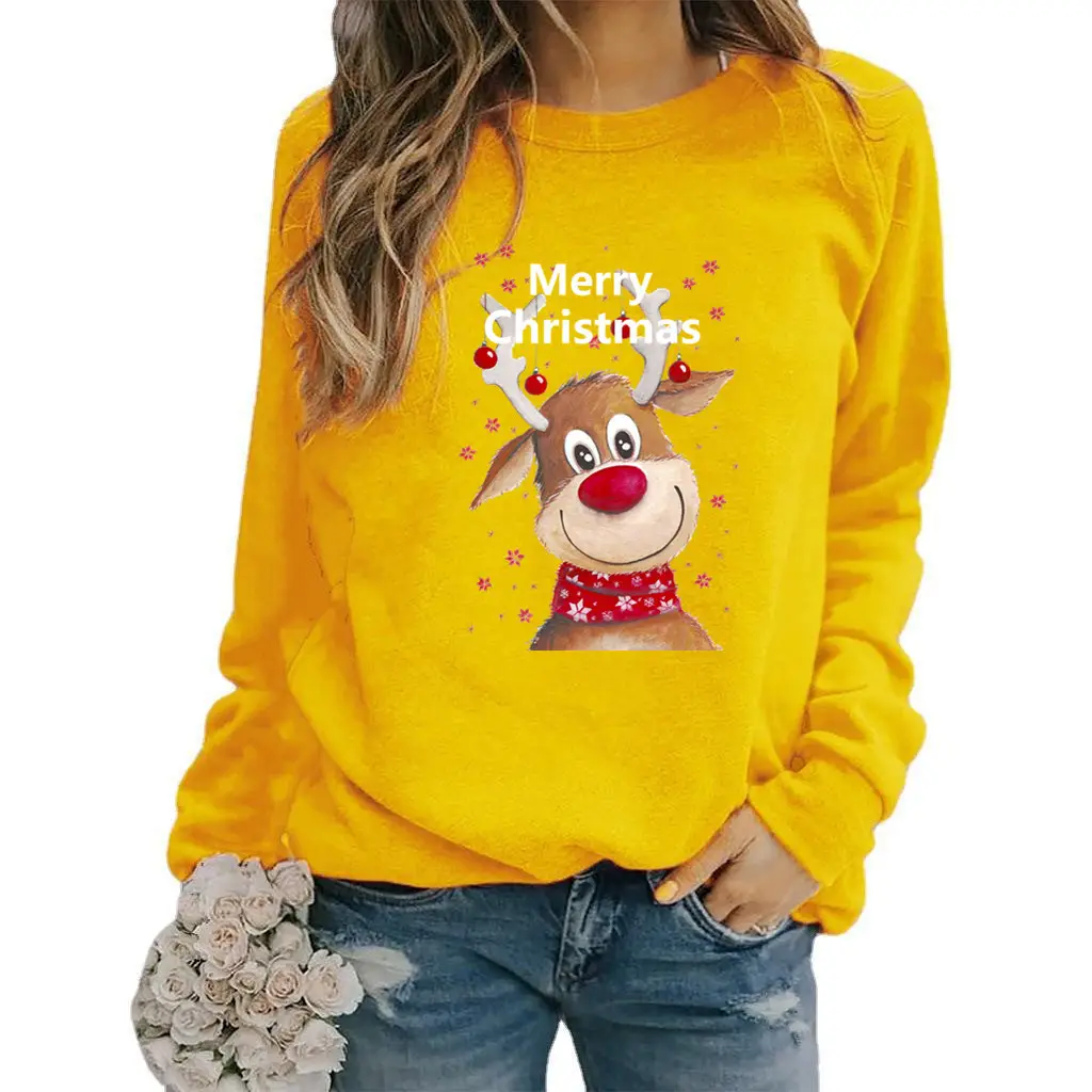 Women Christmas Wool Sweater Yellow Round Neck Long Sleeve - Image 4