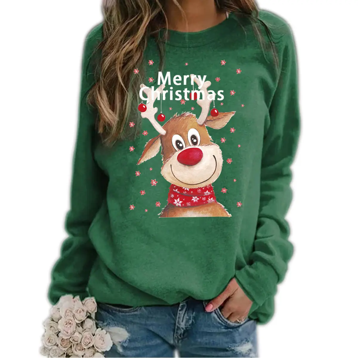 Women Christmas Wool Sweater Yellow Round Neck Long Sleeve - Image 8