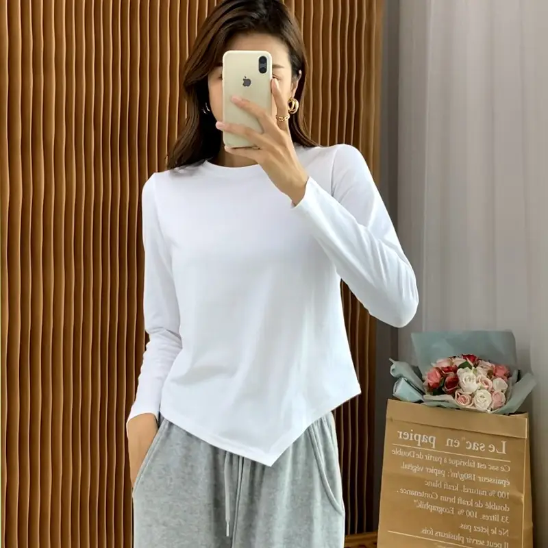 Women's Long Sleeve Slim T-Shirt White Autumn Winter - Image 2