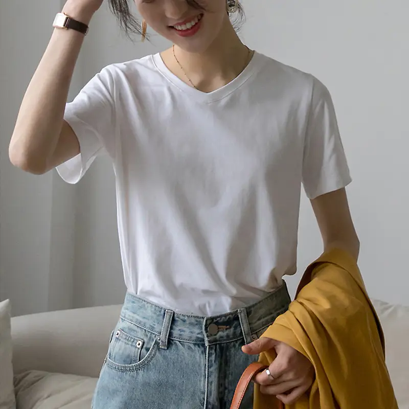 Women V-Neck Cotton T-Shirt 230g Loose Summer - Image 5