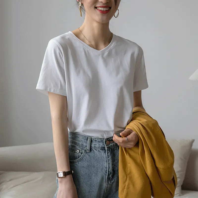 Women V-Neck Cotton T-Shirt 230g Loose Summer - Image 6