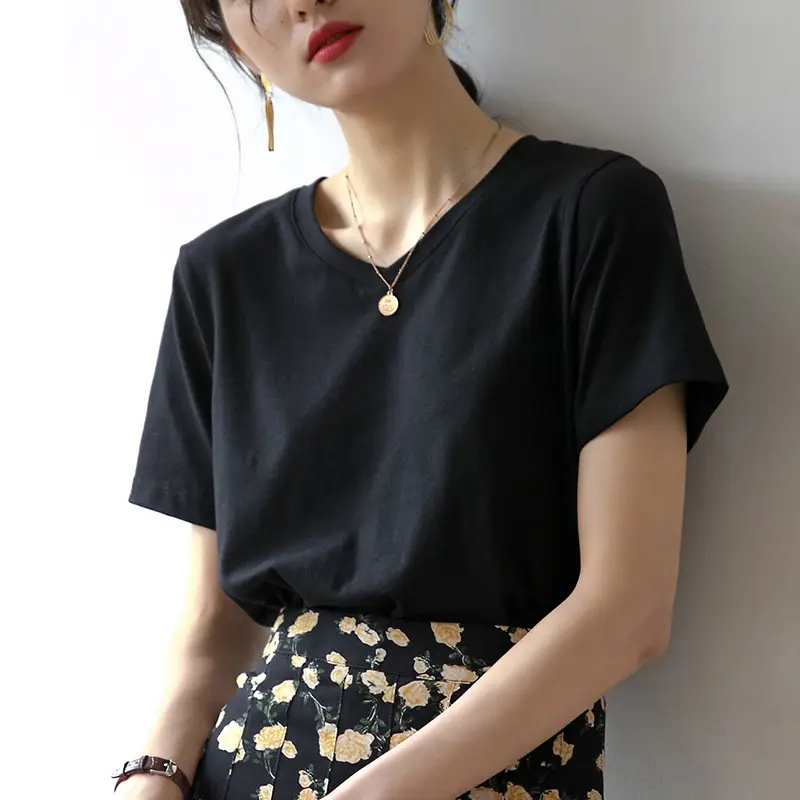Women V-Neck Cotton T-Shirt 230g Loose Summer - Image 8