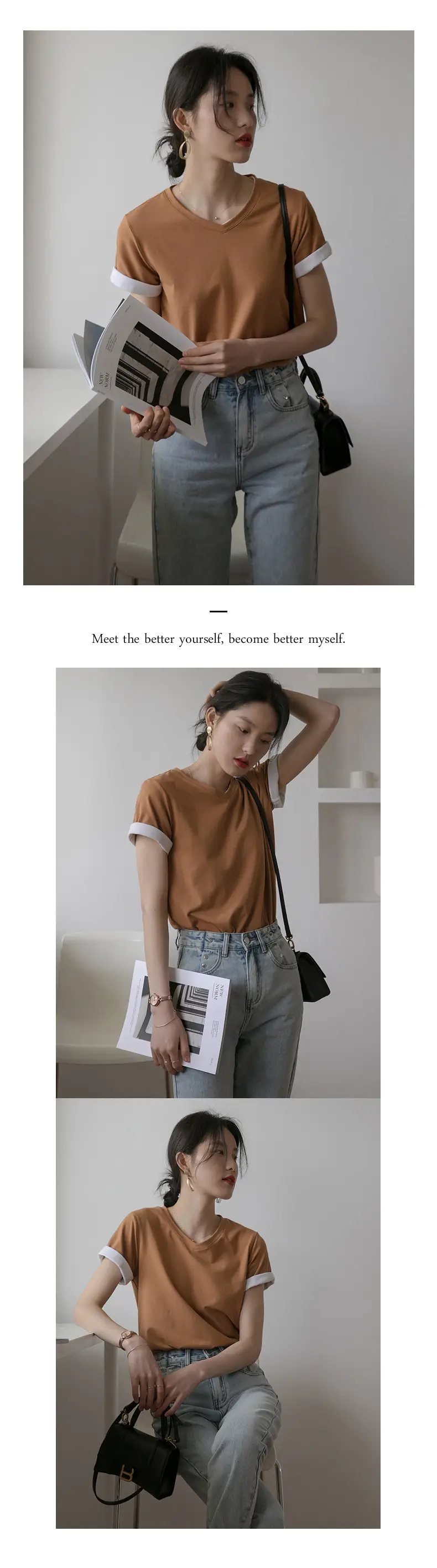 Women V-Neck Cotton T-Shirt 230g Loose Summer — feature 11