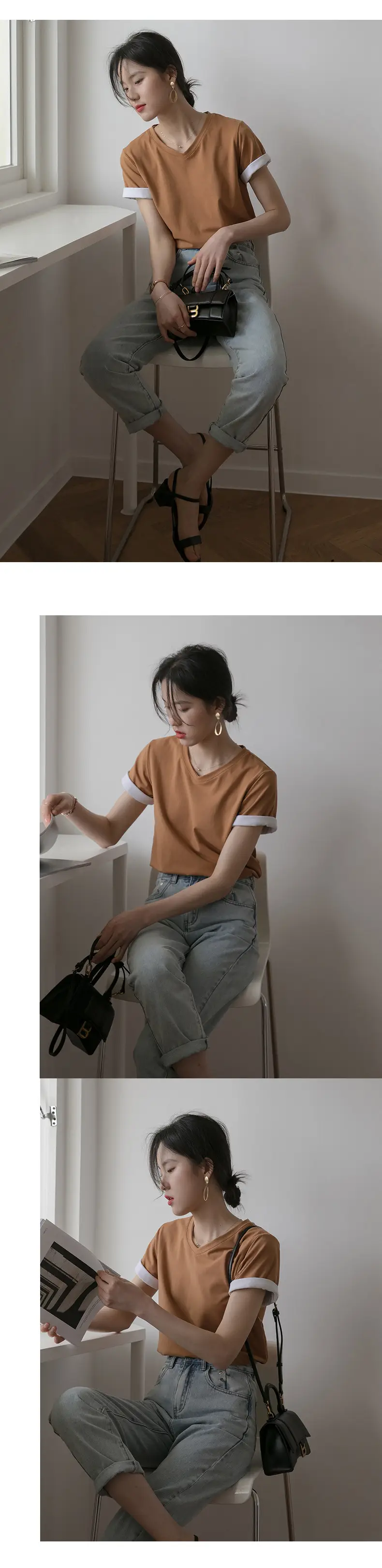 Women V-Neck Cotton T-Shirt 230g Loose Summer — feature 12