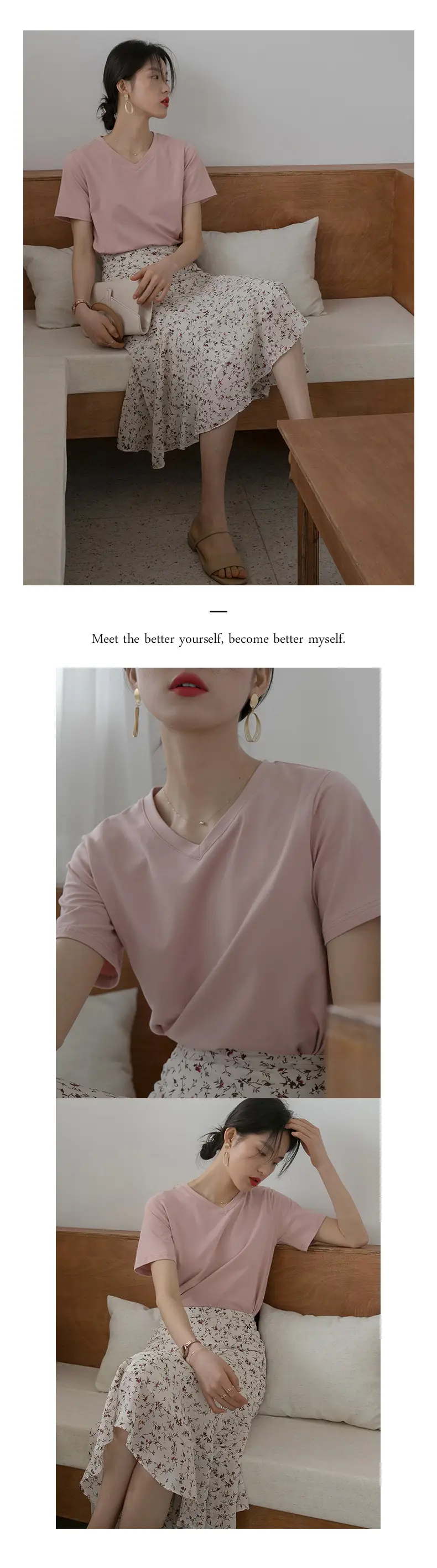 Women V-Neck Cotton T-Shirt 230g Loose Summer — feature 15