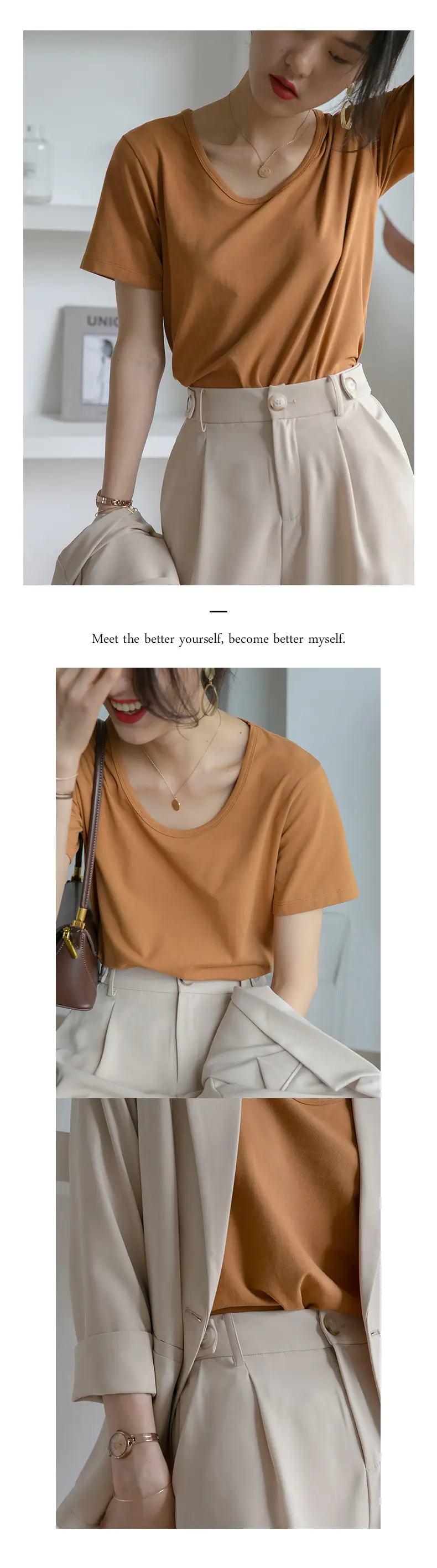 Women V-Neck Cotton T-Shirt 230g Loose Summer — feature 26