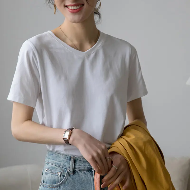 Women V-Neck Cotton T-Shirt 230g Loose Summer - Image 2