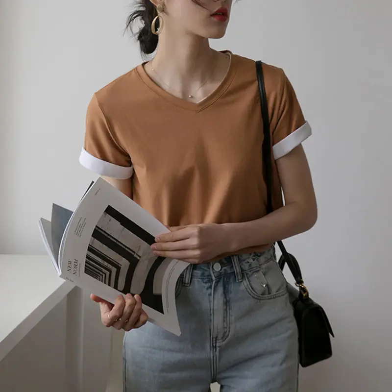 Women V-Neck Cotton T-Shirt 230g Loose Summer - Image 3