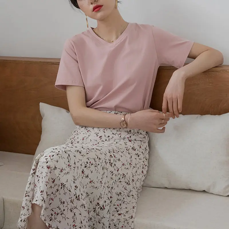 Women V-Neck Cotton T-Shirt 230g Loose Summer - Image 4