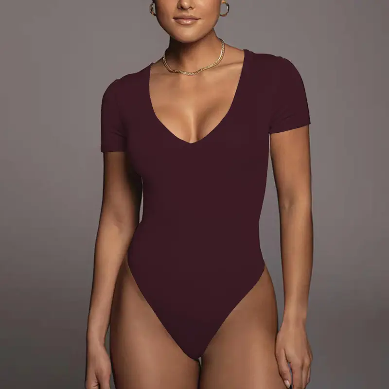 Women's White V-Neck Tight Bodysuit 2025 Summer