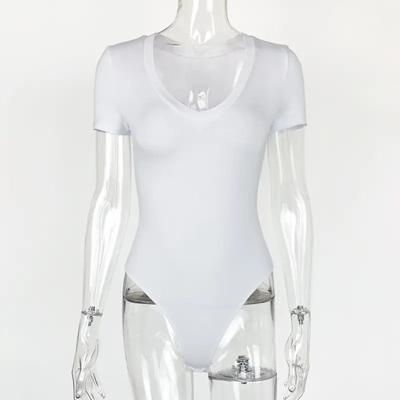 Women's White V-Neck Tight Bodysuit 2025 Summer
