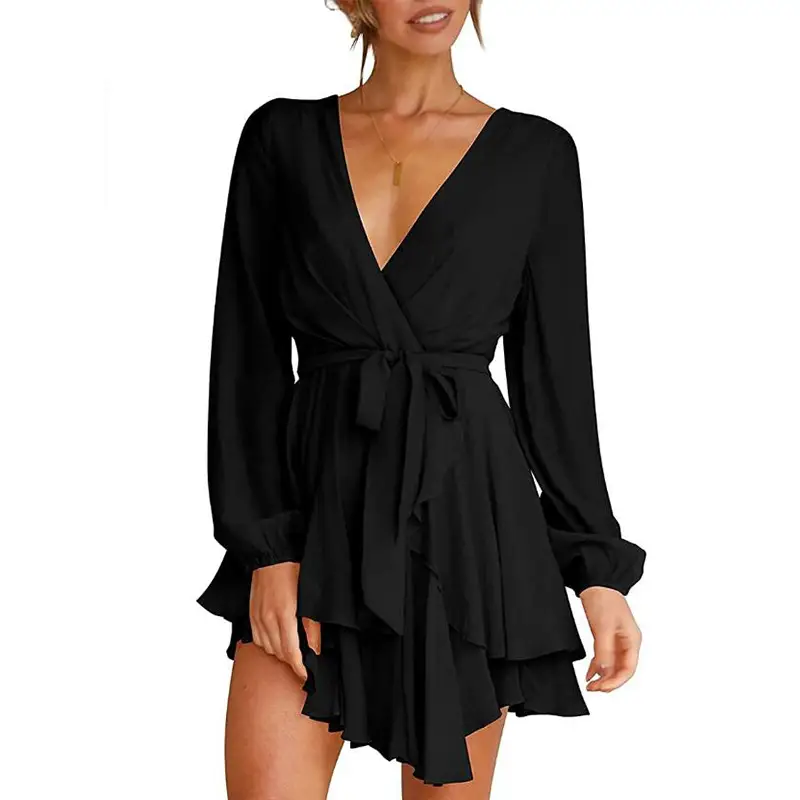 Black High Waist V-Neck Long Sleeve Dress with Cross Strap - Image 8