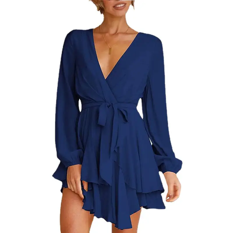 Black High Waist V-Neck Long Sleeve Dress with Cross Strap - Image 9