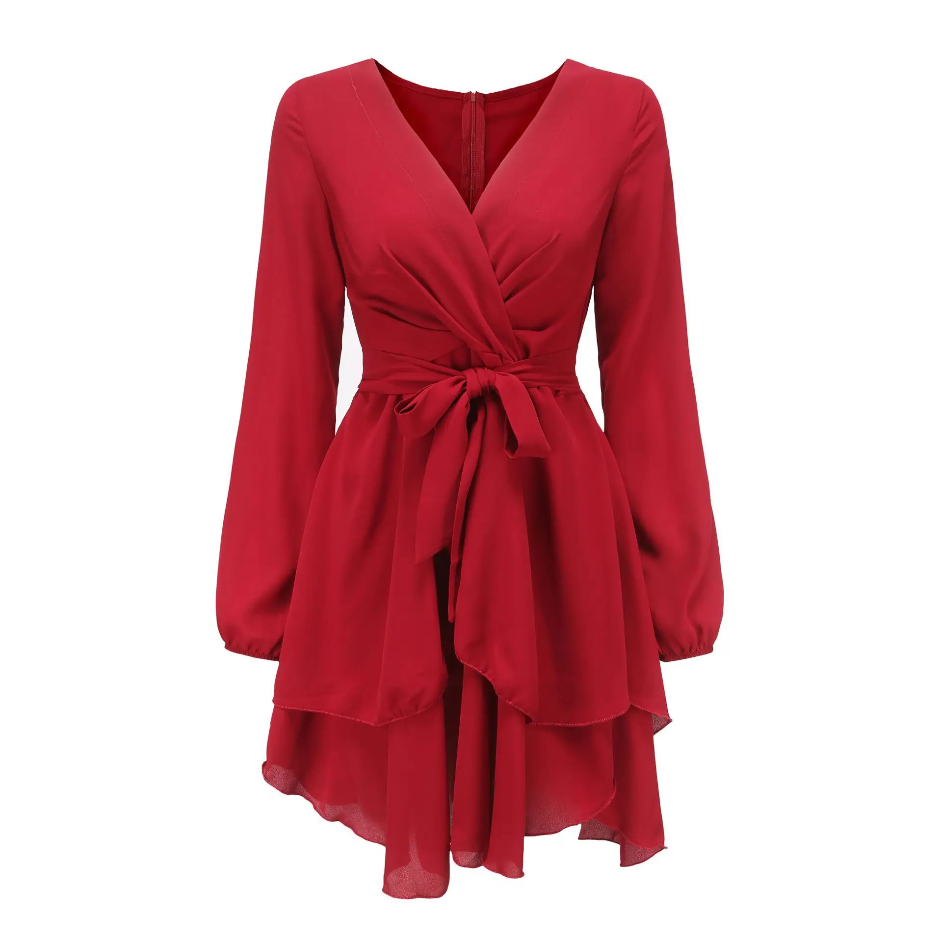 Black High Waist V-Neck Long Sleeve Dress with Cross Strap — feature 16