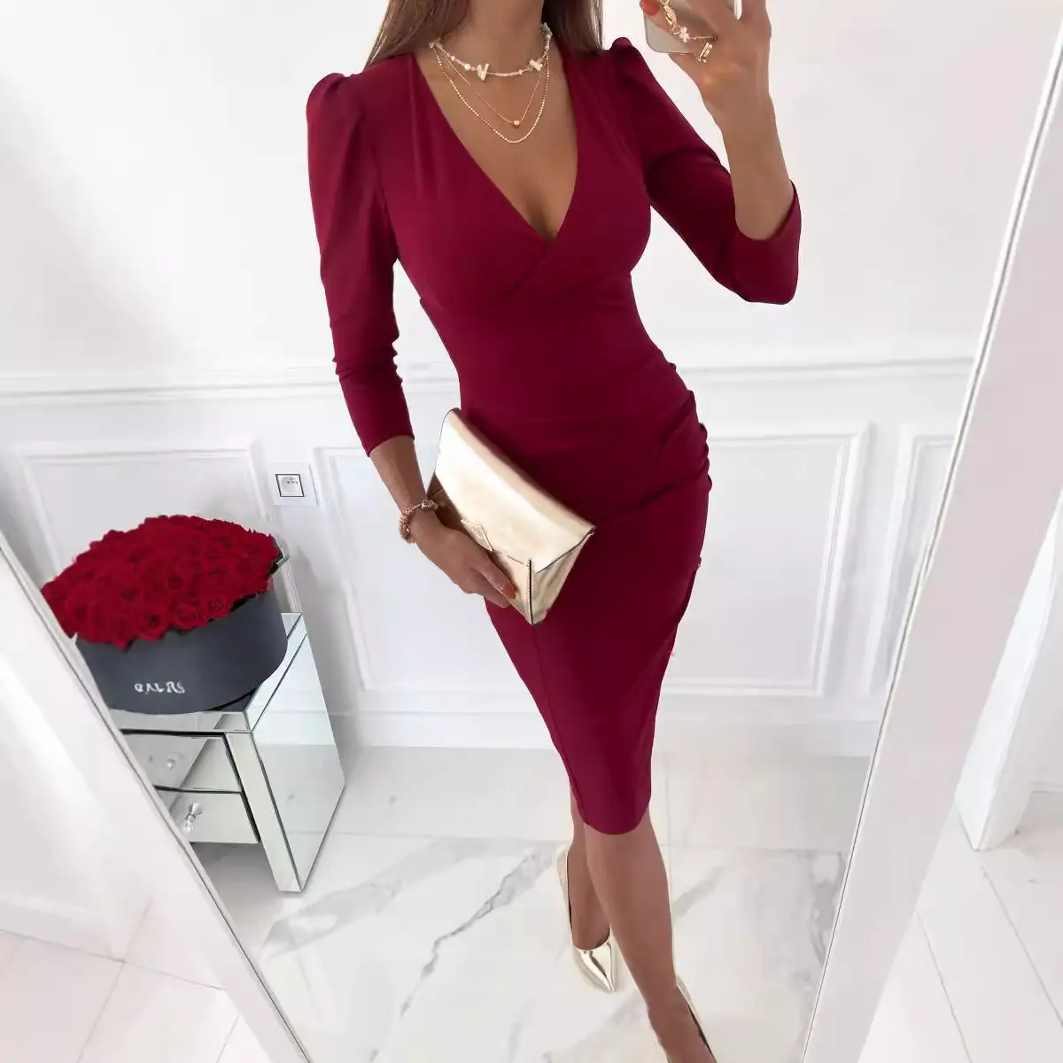 2026 V-Neck Waist-Cinching Dress for Women